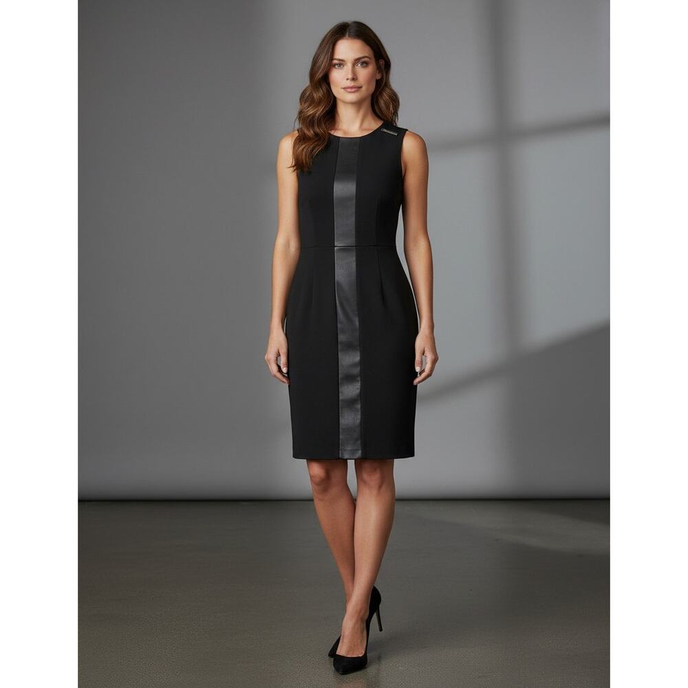 Calvin Klein Sheath Dress Sz 12 Black Leather Panel Edgy Sleeveless PROJECT READ